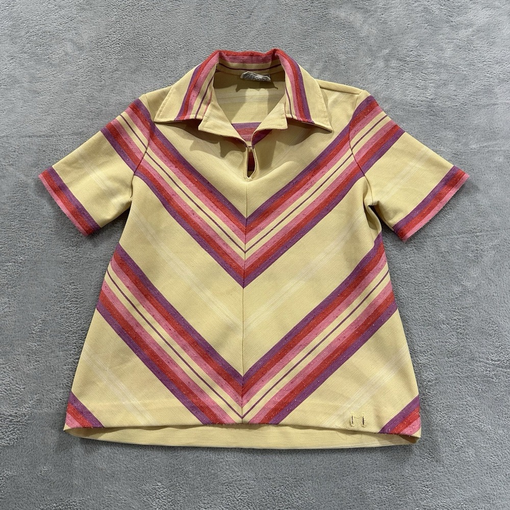 Vintage Perception Polo Top Women Medium Yellow Pink Collared Y2K Vintage